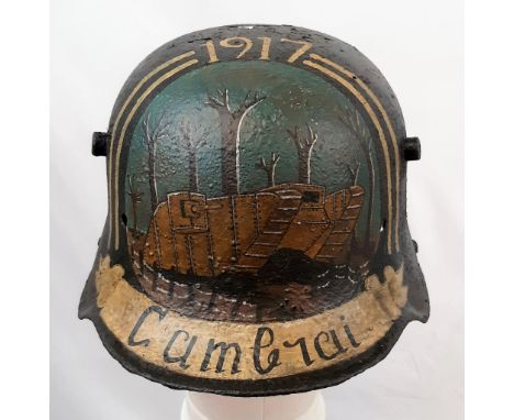 WW1 German Original Helmet Found Near Cambrai with Post War Painted Memorial. 