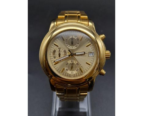 A Gold Plated Gianni Sabatini Chronograph Watch. Gold plated strap and case - 40mm. Gilded dial with three sub dials. Quartz 