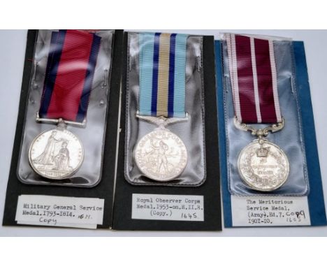 A Collection of 3 Vintage Retrospective Copies of Military Medals Comprising; The Meritorious Service Medal (Army) 1901-10, R