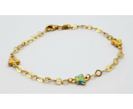 An 18 K yellow gold chain bracelet with enamel butterflies. Length: 16 cm, weight: 2 g. 