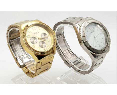 Two Gents Quartz Watches. One stainless steel strap and case - 38mm. The other a gold-plated chronograph. Case -38mm. Both in