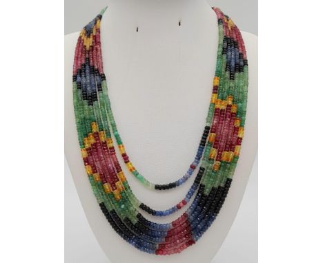 380ct Ruby, Emerald and Sapphire Seven Row Gemstone Necklace, Excellent Cut and Lustre. 42-46cm 