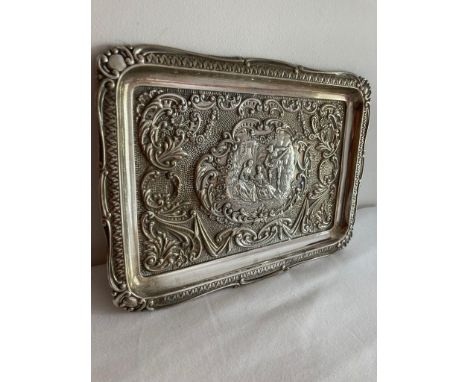 Antique heavy gauge SILVER TRAY with clear hallmark for Levi and Salaman Birmingham 1899. Covered in repousse scroll design w