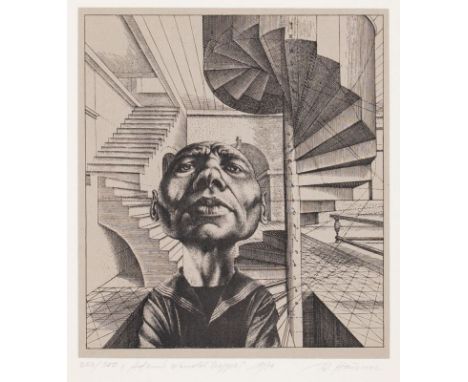 Rudolf Hausner1914 Wien - 1995 Mödling - "Adams Wendeltreppe" - Radierung/aufgewalztes graues Papier. 233/250. 23,5 x 20,8 cm