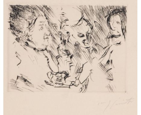 Lovis Corinth1858 Tapiau - 1925 Zandvoort - "Drei Personen am Tisch bei Lampenschein" - Kaltnadelradierung/Papier. 14 x 18,4 