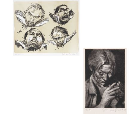 Johannes Grützke1937 Berlin - 2017 Berlin - Vier Gesichter mit Flügeln - Farblithografie/Papier. 70/99. 43 x 53 cm, 49,5 x 59