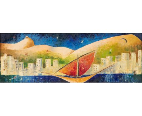 Julius Wilhelm Blume1913 Wesel - 1987 Duisburg - Stadt mit Frauensilhouette - Öl/Sperrholz. 17,5 x 50 cm. Monogr. r. u.: JB. 