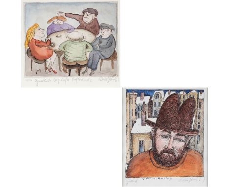 Kurt Mühlenhaupt1921 Klein Ziescht - 2006 Bergsdorf - "Aquarellierte Bergsdorfer Kaffeerunde" - Aquarellierte Radierung/Papie