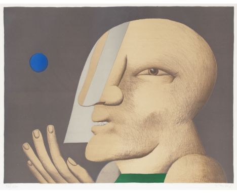 Horst Antes1936 Heppenheim - "Porträt mit blauer Kugel" - Farblithografie/Papier. 96/120. 50,9 x 66,1 cm, 57,5 x 75,7 cm. Sig