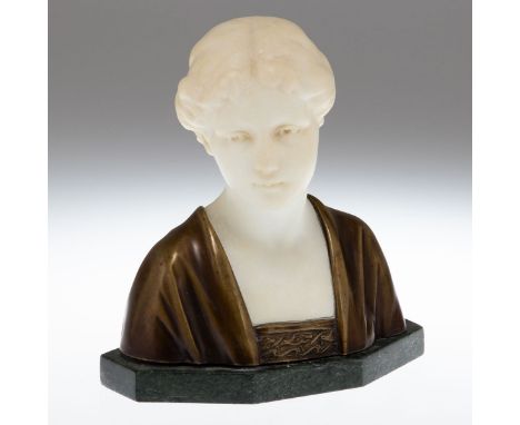 Künstler um 1900Schumacher &amp; Co., Osterode. - Büste einer jungen Frau - Alabaster. Bronzierte Metallverkleidung (Kleid). 