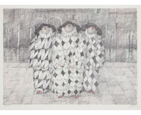Paul Flora1922 Glurns - 2009 Innsbruck - "Carnevale" - Offset, handkoloriert/Papier. 30,5 x 42 cm, 40 x 50 cm. Mit Bleistift 