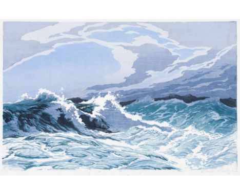 Oscar Droege1898 Hamburg - 1983 Hamburg - Tosendes Meer - Farbholzschnitt/Japan. 28,3 x 44,8 cm, 36 x 51,7 cm. Sign. r. u.: O