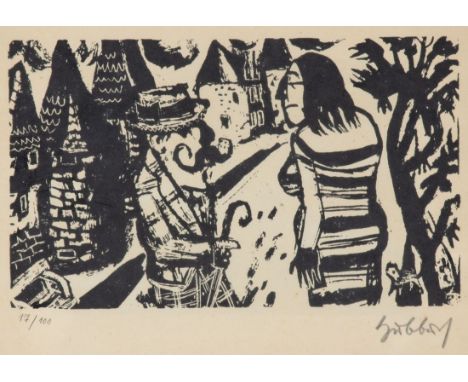 Karl Hubbuch1891 Karlsruhe - 1979 Karlsruhe - Straßenszene - Holzschnitt/Papier. 17/100. 12,2 x 20,3 cm, 18,2 x 24,2 cm. Sign