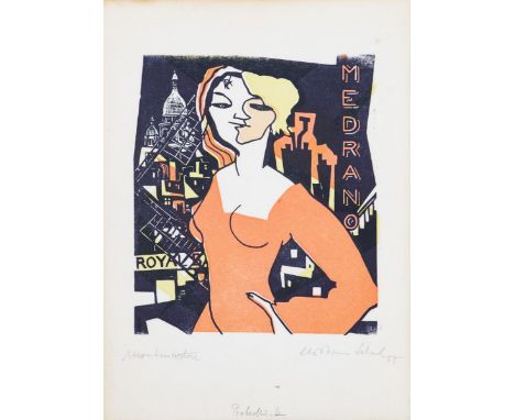 Christian Schad1894 Miesbach - 1982 Stuttgart - "Montmartre" - Farbholzschnitt/Papier. Probedruck. 22 x 19,3 cm, 33,3 x 24,2 