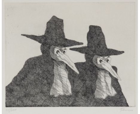 Paul Flora1922 Glurns - 2009 Innsbruck - Zwei venezianische Masken - Radierung/Papier. 21/200. 19,6 x 24,5 cm, 29,9 x 40 cm. 