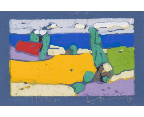 Klaus Fussmann1938 Velbert/Rheinland - lebt in Berlin und Gelting - "Weizen mit Haus vor der Ostsee" - Farblinolschnitt/blaue
