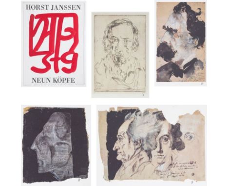 Horst Janssen1929 Hamburg - 1995 Hamburg - "Neun Köpfe" (Mappe, 1990) - Farboffset/Papier. Von ca. 20 x 17 cm bis ca. 54 x 35
