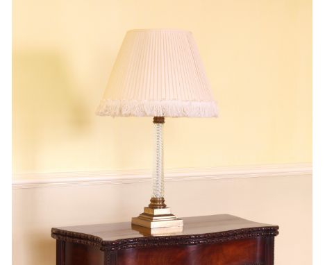 An early 19th century style brass and glass column table lamp late 20th century, the spiral reeded column with stepped, squar