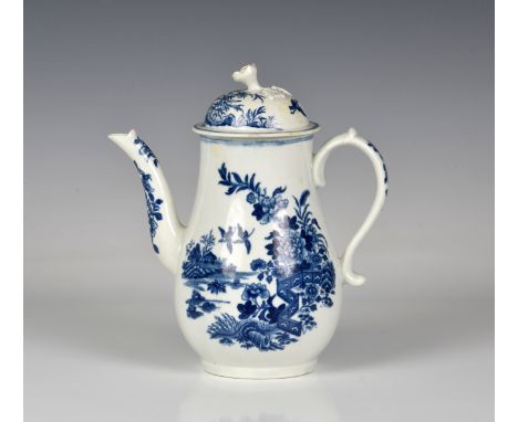 A first period Worcester blue &amp; white pear shaped coffee pot in the fence pattern, domed cover with flower finial, underg