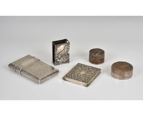 A Victorian silver cigar case of rectangular form, finely chased foliate decoration, pull-off cover, together with a Japanese