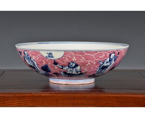 A fine Chinese puce enamelled blue and white porcelain 'Eight Immortals' bowl Guangxu six character mark (1875-1908) and of t