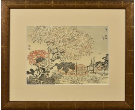 Two Japanese prints first half 20th century, both featuring large chrysanthemums in river landscapes, one with red seal mark,