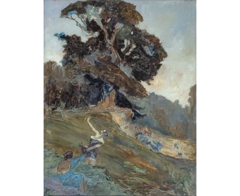 Claude Allin Shepperson ARA, ARWS, ARE, RI, RMS (British, 1867-1921) "Female Figures in a Landscapeoil on panel, inscribed on
