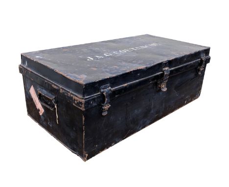 A black tin uniform trunk early 20th century, inscribed "J A G Coutanche" for John Alexander Gore Coutanche, 35 x 18 x 12in. 
