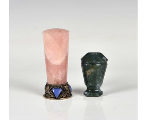 A white metal rose quartz and blue stone desk seal of tapering conical form, the mount with applied foliate band, inset with 