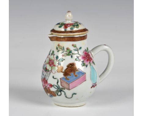A Chinese export famille rose sparrow beak cream jug and cover late 18th century, the baluster jug painted with precious obje