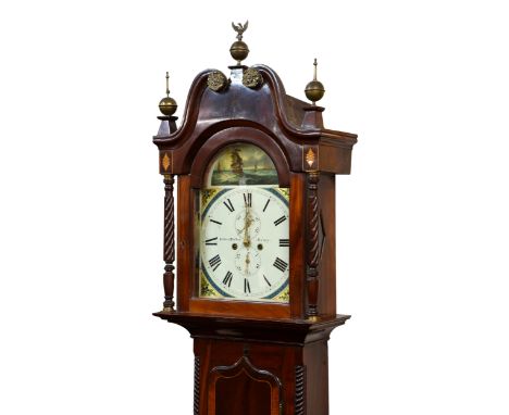 An inlaid mid-19th century Channel Islands mahogany and rosewood cross-banded longcase clock,&nbsp;the white painted dial wit