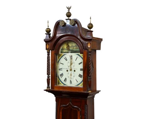 An inlaid mid-19th century Channel Islands mahogany and rosewood cross-banded longcase clock,&nbsp;the white painted dial wit