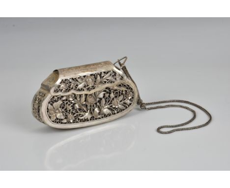 A Cambodian pierced silver purse probably first half 20th century, indistinct impressed mark to underside, of reticulated flo