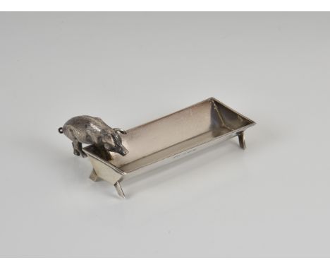 A novelty Edwardian silver pig &amp; trough pin tray / salt Adie &amp; Lovekin Ltd, Birmingham, 1907, pig with textured hair 