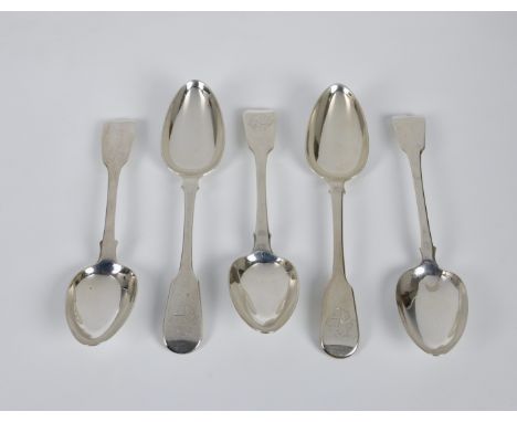 A set of three Georgian silver fiddle pattern serving spoons Robert Peppin, London, 1818, terminals with engraved shaped fami