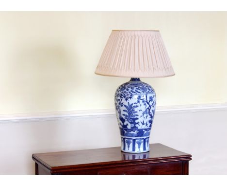 A Chinese blue and white porcelain Meiping vase lamp late 20th century, painted with plants including prunus, bamboo and pine