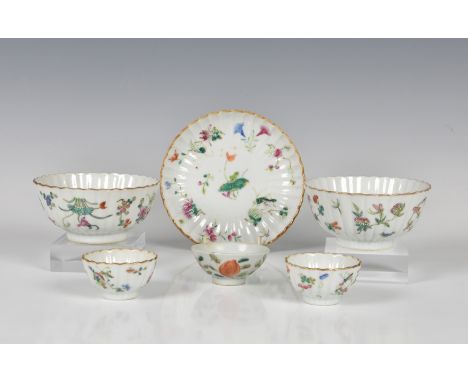 A pair of Chinese famille rose miniature tea bowls 19th century, scalloped gilt rims, painted with crickets and flowers, 2 3/