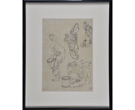 attributed to Katsushika Hokusai (Japanese, 1760-1849) two sheets of preparatory drawings, ink on paper, one with two studies