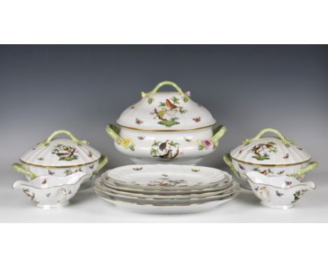An extensive Herend Rothschild pattern dinner service decorated with Meissen style insects, butterflies and birds, comprising