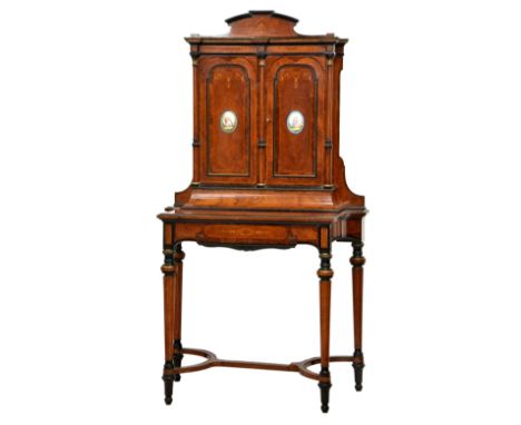 A fine Victorian amboyna, burr walnut, ebonised, parcel gilt and boxwood string inlaid side cabinet with shaped cresting abov