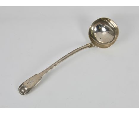 A George IV silver fiddle thread shell pattern soup ladle Clement Cheese, London, 1822, the terminal engraved with lion crest