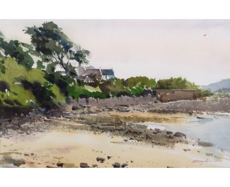 David K. Taylor (Australian, b.1941) 'Life Along the Seawall, Herm'watercolour, signed lower right, titled to exhibition labe
