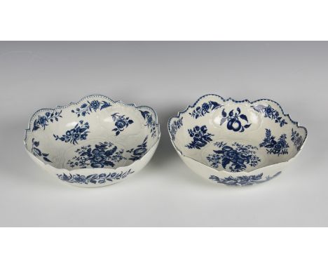 A matched pair of Worcester first period blue and white junket bowls c.1770, in the 'Pine Cone' pattern, both with shaped rim