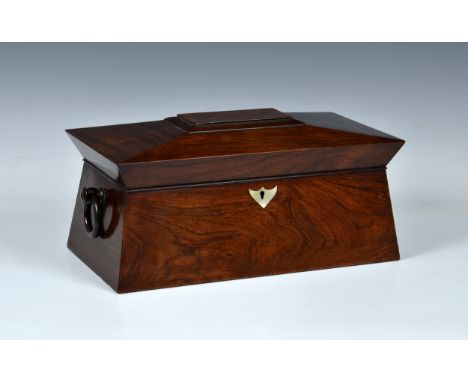 A 19th century rosewood tea caddy with sarcophagus shaped top and two pierced ring handles and mother of pearl escutcheon, th