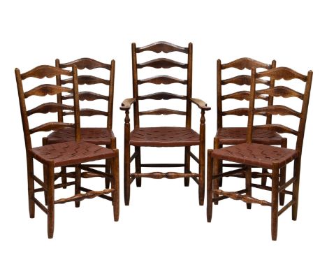 Four Edward Gardiner (Ernest Gimson design), Cotswold School, English ash ladder back dining chairs and one matching carver h