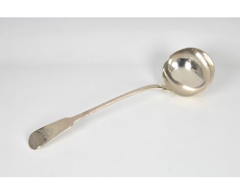 A George III silver fiddle pattern soup ladle Robert Peppin, London, 1818, of typical form, engraved to terminal with family 