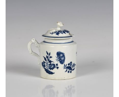 A first period Worcester porcelain mustard pot and cover c.1770, blue and white decoration in the Three Flowers pattern, with