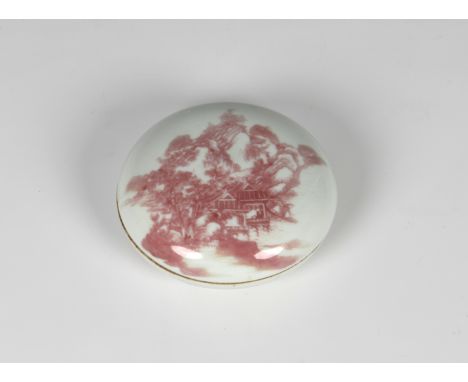 A Chinese circular seal paste box puce decorated with landscape to cover, Xianfeng mark and period, 3¾in. (9.6cm.) diameter* 