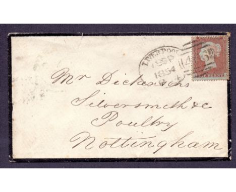 STAMPS : GREAT BRITAIN POSTAL HISTORY : 1854 LIVERPOOL Spoon cancel on Penny red mourning cover to Nottingham. Fine item