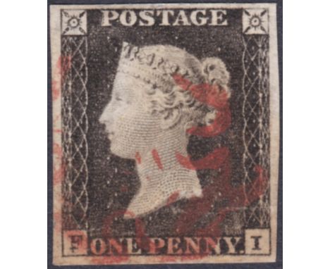 STAMPS GREAT BRITAIN : PENNY BLACK Plate 1a lettered (FI) , four margin example, showing double F variety, light horizontal c